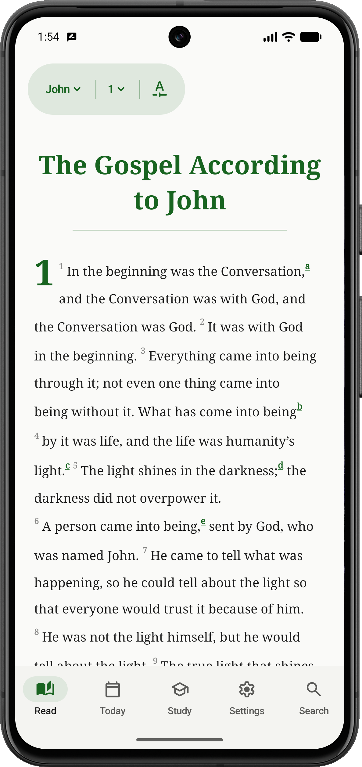 LIT Bible on Android, showing John 1 — 'In the beginning was the Conversation'
